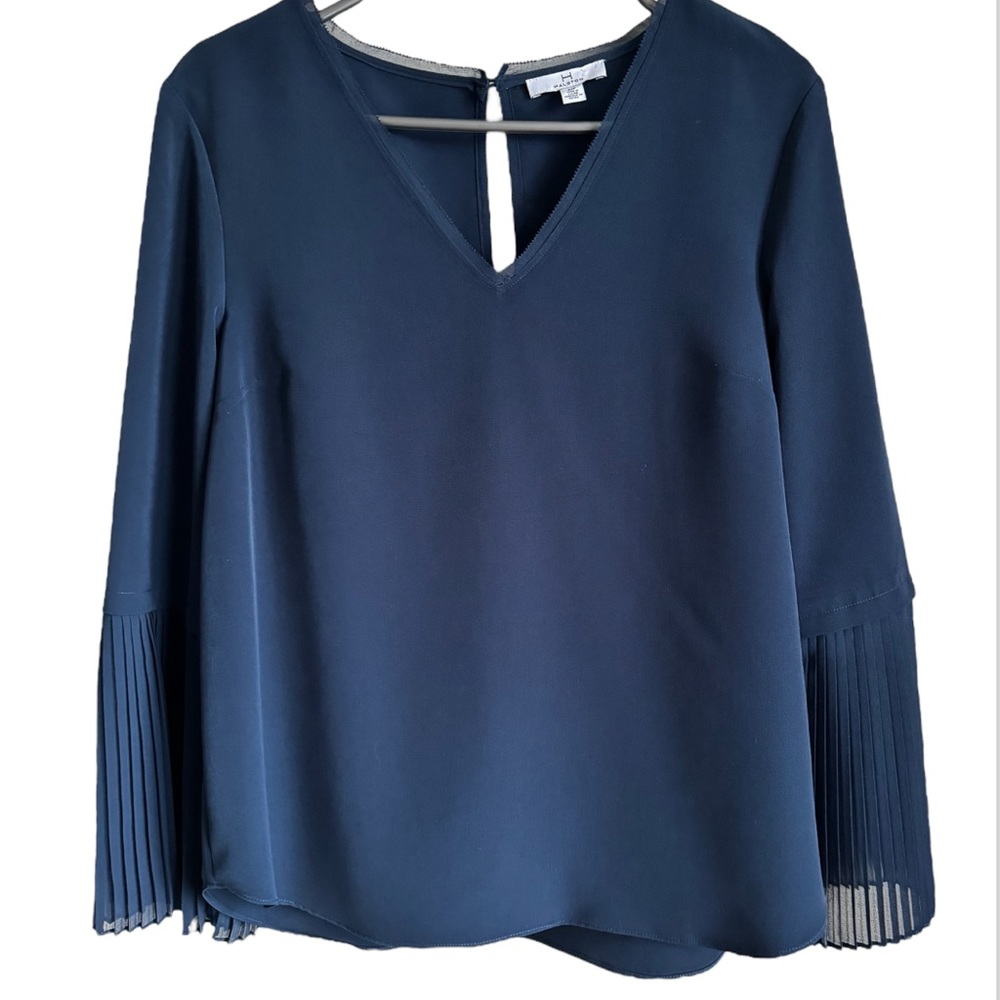H By Halston Navy Blue V- Neck Pleated Bell Sleeve Blouse Sz S